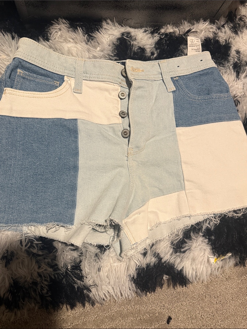 Button fly denim patchwork shorts